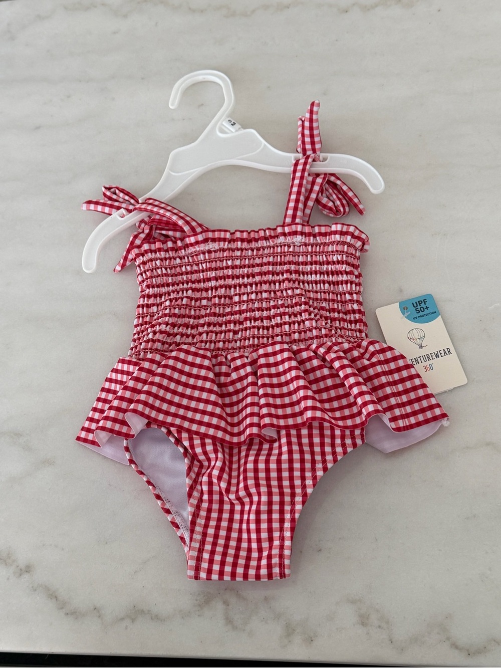 Smocked Red Gingham One-Piece Swimsuit with Ruffle Skirt - Kids